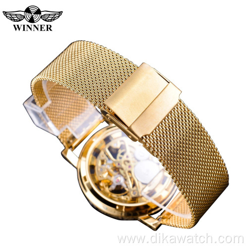 Top Brand Winner Thin Case Full Golden Watch Openwork Clock Mesh Band Men's Mechanical Watches Luminous Hands Relogio Masculino